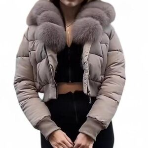 Women's Gray Fur Collar Puffer Jacket